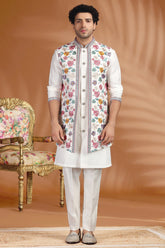 Pearl White Silk Floral Embroidered Jacket Kurta Set